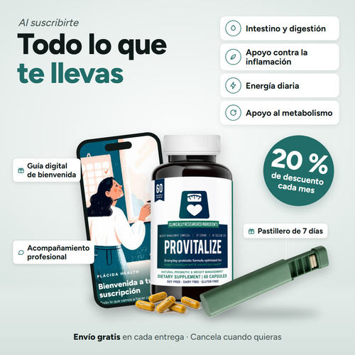 Todo lo que te llevas al suscribirte: frasco, guía digital de bienvenida, acompañamiento profesional y pastillero de 7 días